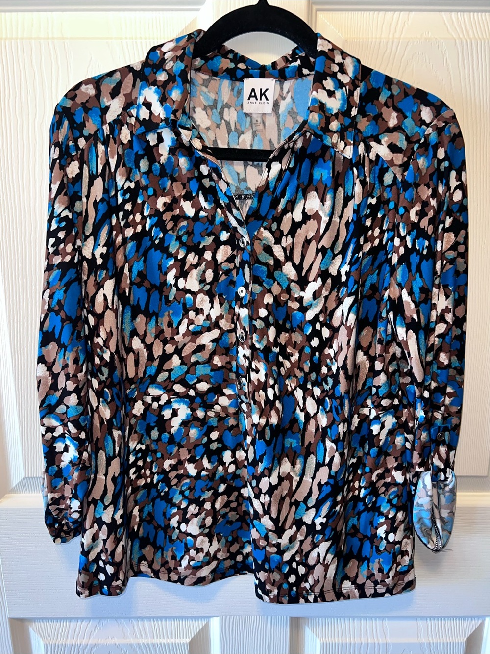 Anne Klein Teal, Brown & White Abstract Printed Blouse Sz M